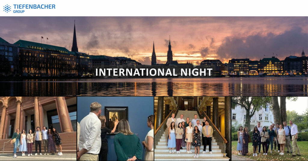 Tiefenbacher Group - A promotional image for Tiefenbacher Group’s International Night, a family-owned pharmaceutical company, shows a sunset cityscape over water, the event name in bold, and four photos of people socializing on stairs and outdoors.