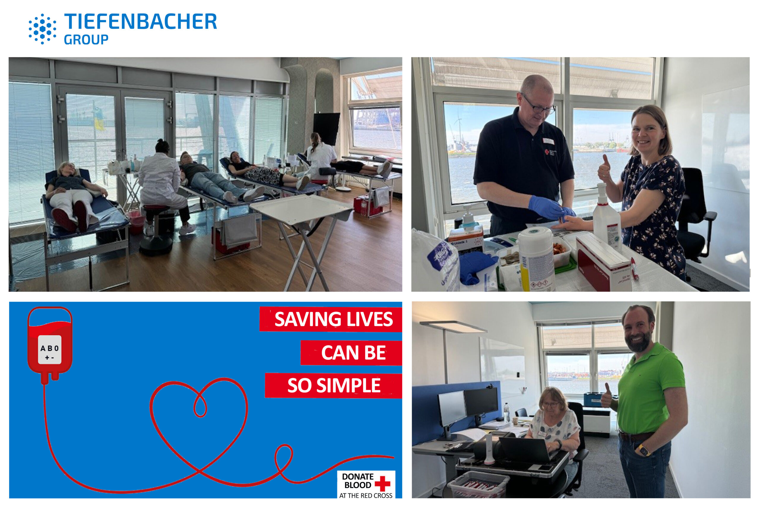 Tiefenbacher Group - A collage of four images shows people donating blood, staff preparing medical supplies, a man and woman smiling at a desk, and a graphic with a heart-shaped blood tube, highlighting the message, “Saving lives can be so simple. Donate blood.” API distribution supports this effort.