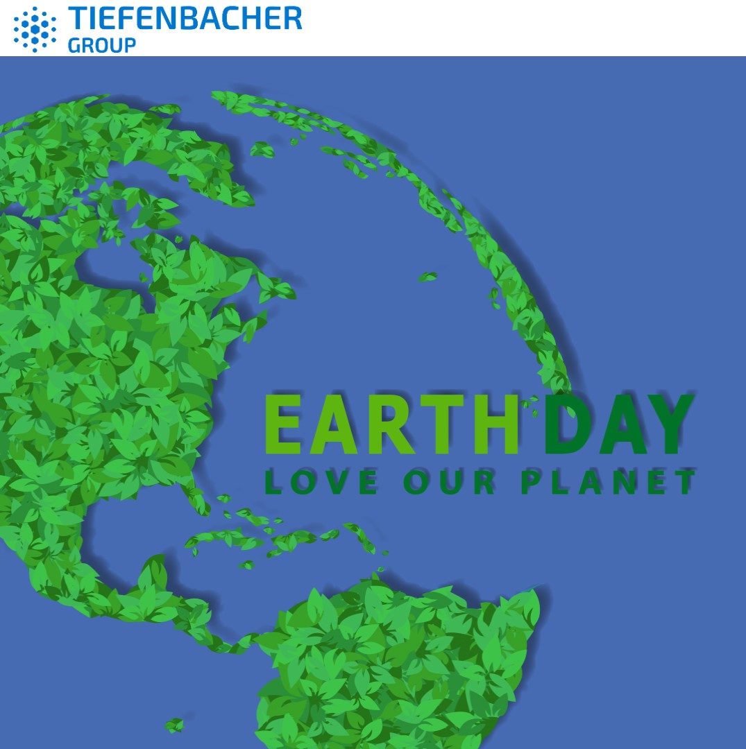 Tiefenbacher Group - Illustration of Earth made from green leaves on a blue background with "EARTH DAY LOVE OUR PLANET" and the Tiefenbacher Group logo, highlighting our commitment to sustainable patient-centric drug development and generic medicines manufacturing.