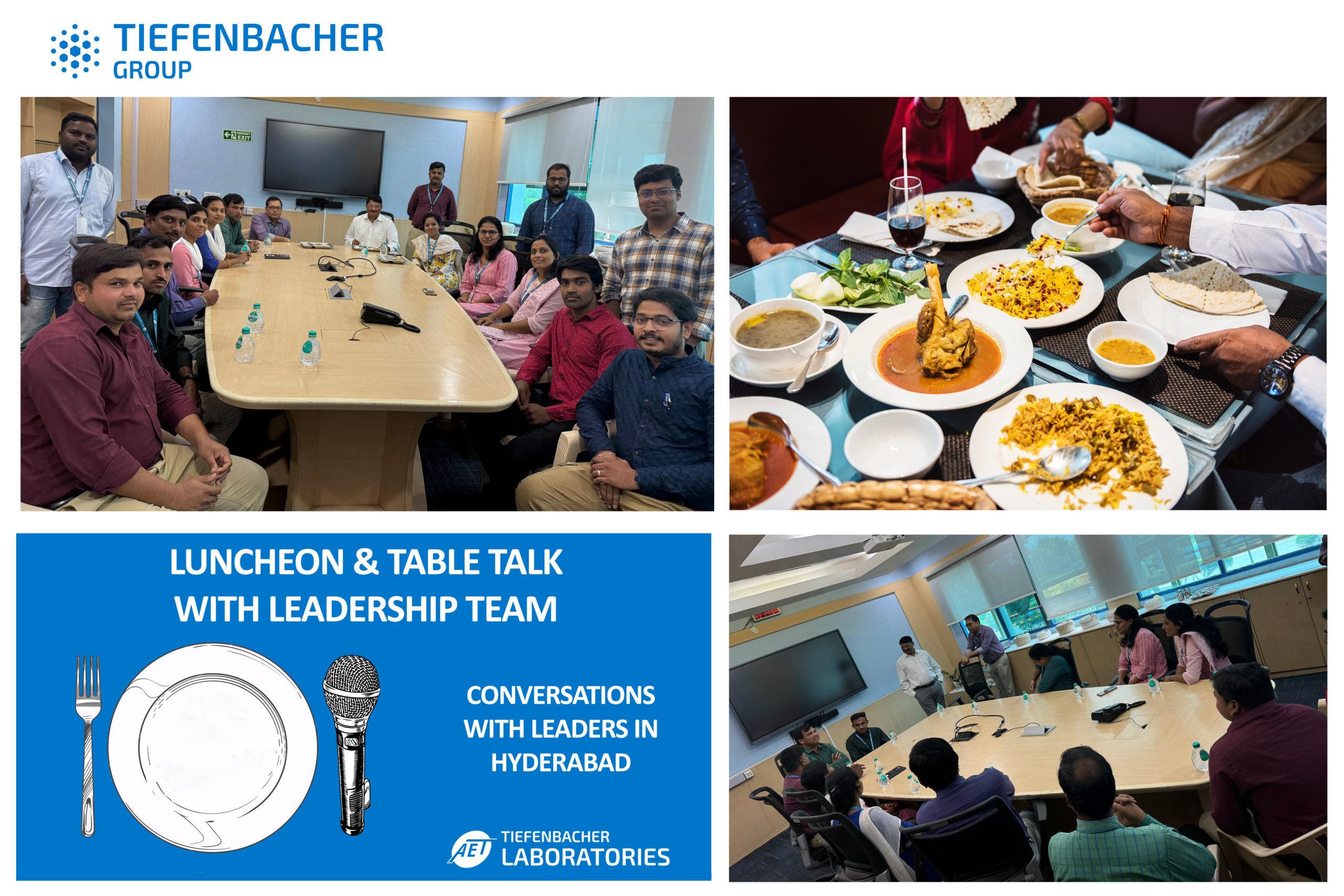 Tiefenbacher Group - A collage features a business luncheon: meeting scenes around a conference table, close-up of Indian food, and a graphic reading "Luncheon & Table Talk with Leadership Team—Conversations on pharmaceutical healthcare solutions in Hyderabad.