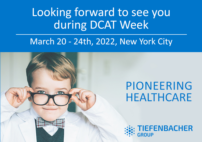 Tiefenbacher Group - A young boy dressed as a doctor adjusts his glasses and smiles. Text reads: "Looking forward to see you during DCAT Week, March 20-24th, 2022, New York City. Pioneering patient-centric drug development. Tiefenbacher Group.