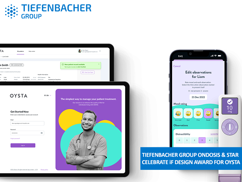 Tiefenbacher Group - A digital display showcases Oysta, a patient management tool focused on patient-centric drug development, on a tablet and smartphone. The Tiefenbacher Group and IF Design Award logos highlight ONDOSIS & STAR's award-winning design for Oysta.