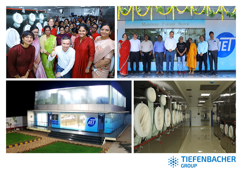 Tiefenbacher Group - A collage showing groups of people smiling, a modern building with the AETI logo, and a hallway lined with scientific equipment highlights pharmaceutical healthcare solutions. The bottom right corner features the TIEFENBACHER GROUP logo.