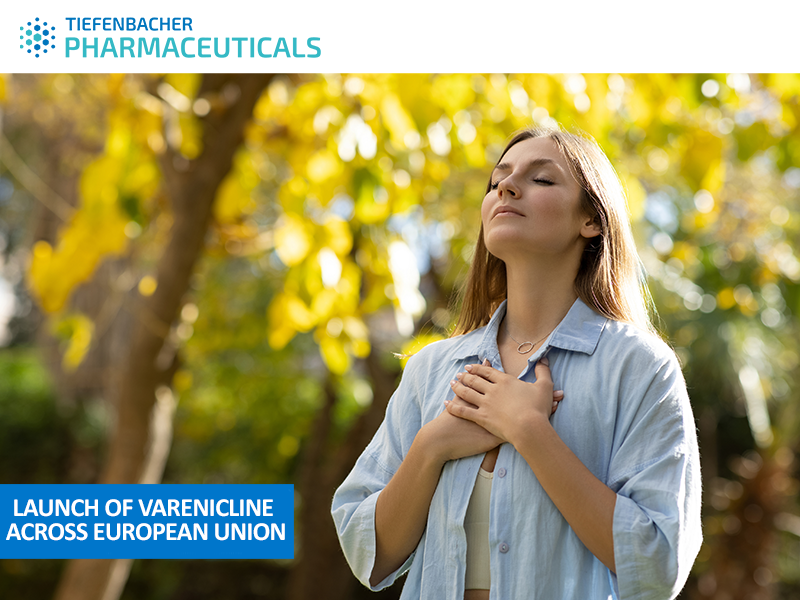 Tiefenbacher Group - A young woman stands outdoors with her eyes closed and hands on her chest, appearing calm and content. Text reads: "Launch of Varenicline across European Union." Tiefenbacher Pharmaceuticals, a family-owned pharmaceutical company, logo is at the top.