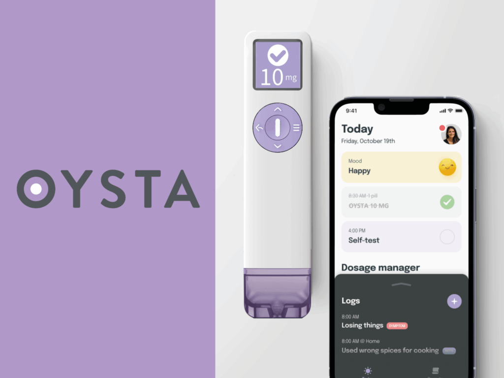 Tiefenbacher Group - OYSTA logo beside a medical device showing "10 mg" and a smartphone displaying the OYSTA app for mood tracking, dosage management, and health logs—highlighting patient-centric drug development in pharmaceutical healthcare solutions.