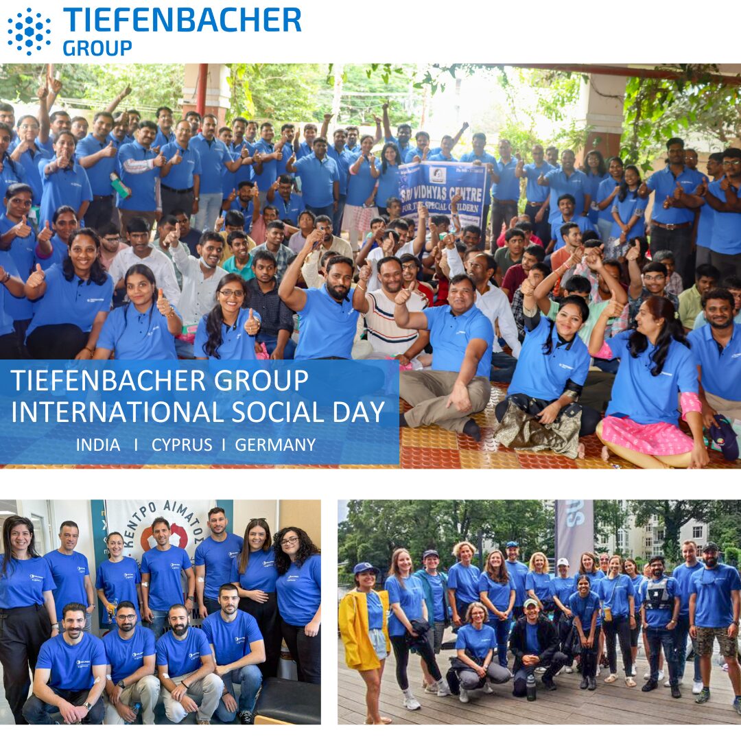 Tiefenbacher Group - Collage of three group photos showing diverse people in blue Tiefenbacher Group shirts smiling and posing at International Social Day events in India, Cyprus, and Germany—a family-owned pharmaceutical company known for generic medicines manufacturing.